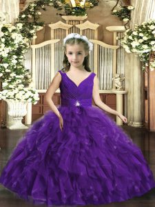 Purple Organza Backless Kids Formal Wear Sleeveless Floor Length Beading and Ruffles