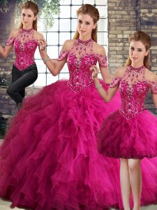 Amazing Fuchsia Tulle Lace Up Sweet 16 Dress Sleeveless Floor Length Beading and Ruffles