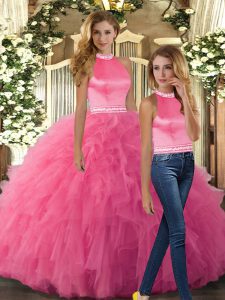 Great Hot Pink Backless 15 Quinceanera Dress Beading and Ruffles Sleeveless Floor Length