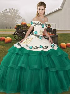 Charming Turquoise Sleeveless Embroidery and Ruffled Layers Lace Up Quinceanera Gown