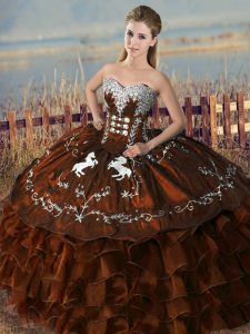 Fine Brown Sleeveless Floor Length Embroidery and Ruffles Lace Up Quinceanera Dresses