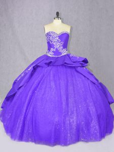 Sleeveless Embroidery Lace Up Quinceanera Dress with Purple Court Train