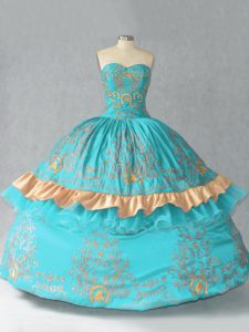 Lovely Aqua Blue Lace Up Sweetheart Embroidery and Bowknot 15th Birthday Dress Satin and Organza Sleeveless