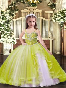 Inexpensive Yellow Green Ball Gowns Tulle Straps Sleeveless Beading Floor Length Lace Up Kids Pageant Dress