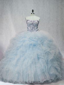 Fitting Light Blue Ball Gowns Sweetheart Sleeveless Tulle Brush Train Lace Up Beading and Ruffles 15th Birthday Dress