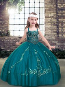 Floor Length Ball Gowns Sleeveless Teal Pageant Dress for Womens Lace Up