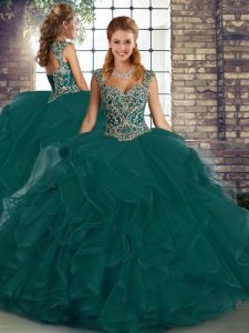 Peacock Green Tulle Lace Up Quinceanera Dresses Sleeveless Floor Length Beading and Ruffles