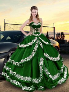 Fabulous Sleeveless Satin Floor Length Lace Up Sweet 16 Dresses in Dark Green with Appliques and Ruffled Layers