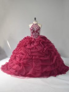 Halter Top Sleeveless Court Train Lace Up Quinceanera Dresses Burgundy Organza