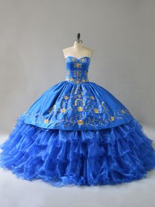 Sweetheart Sleeveless Satin Sweet 16 Dress Embroidery and Ruffles Lace Up
