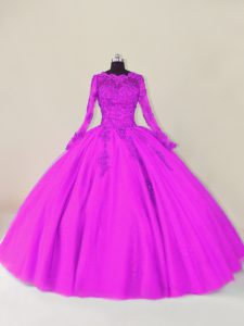 Flare Purple Scalloped Zipper Lace and Appliques Sweet 16 Quinceanera Dress Long Sleeves