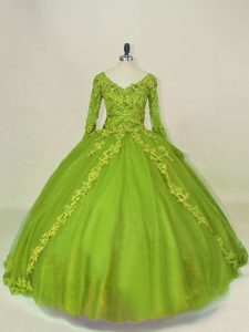 Olive Green Side Zipper V-neck Lace and Appliques Quinceanera Dresses Tulle Long Sleeves