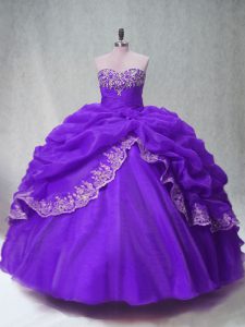 Floor Length Purple Vestidos de Quinceanera Organza Sleeveless Beading and Appliques and Pick Ups