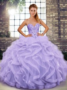 Lavender Sleeveless Floor Length Beading and Ruffles Lace Up Quinceanera Dress
