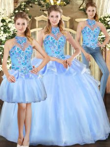 Three Pieces Sweet 16 Quinceanera Dress Blue Halter Top Organza Sleeveless Floor Length Lace Up