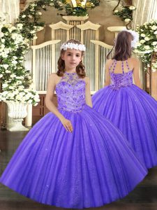Inexpensive Lavender Lace Up Halter Top Beading and Ruffles Little Girl Pageant Dress Tulle Sleeveless