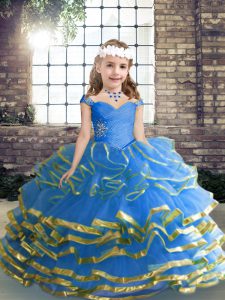 Gorgeous Blue Lace Up Straps Beading and Ruffled Layers and Ruching Kids Formal Wear Tulle Sleeveless