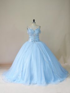 Light Blue Sleeveless Tulle Brush Train Lace Up Sweet 16 Dresses for Sweet 16 and Quinceanera