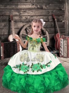 Simple Sleeveless Organza Floor Length Lace Up Little Girl Pageant Dress in Green with Beading and Embroidery and Ruffles