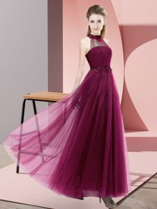 Suitable Sleeveless Tulle Floor Length Lace Up Quinceanera Dama Dress in Fuchsia with Beading and Appliques