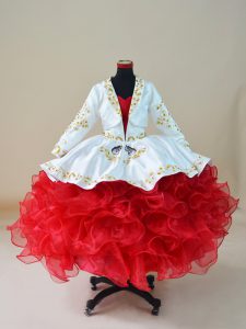 Pretty Organza Sweetheart Sleeveless Lace Up Embroidery and Ruffles Little Girl Pageant Gowns in White And Red