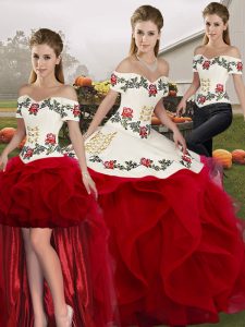 Wonderful White And Red Lace Up Off The Shoulder Embroidery and Ruffles 15th Birthday Dress Tulle Sleeveless