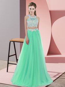 Apple Green Zipper Dama Dress for Quinceanera Lace Sleeveless Floor Length