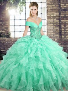Noble Off The Shoulder Sleeveless Quinceanera Dress Brush Train Beading and Ruffles Apple Green Organza