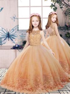Gold Tulle Backless Little Girls Pageant Dress Sleeveless Floor Length Lace and Appliques