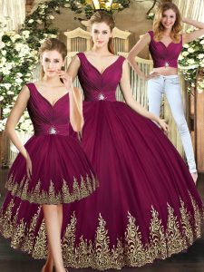 Colorful Burgundy V-neck Backless Beading and Appliques Quinceanera Dresses Sleeveless