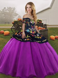 Designer Black And Purple Off The Shoulder Lace Up Embroidery Quince Ball Gowns Sleeveless