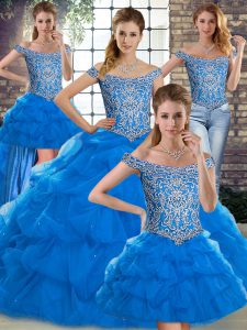 Gorgeous Blue Ball Gowns Tulle Off The Shoulder Sleeveless Beading and Pick Ups Lace Up Sweet 16 Dresses Brush Train
