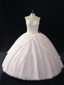 Glittering Floor Length Ball Gowns Sleeveless Pink Quince Ball Gowns Lace Up