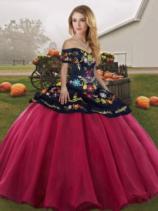 Red And Black Ball Gowns Tulle Off The Shoulder Sleeveless Embroidery Floor Length Lace Up Sweet 16 Quinceanera Dress