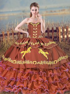 Brown Satin and Organza Lace Up Sweetheart Sleeveless Sweet 16 Quinceanera Dress Brush Train Embroidery and Ruffled Layers