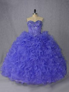 Lavender and Purple Ball Gowns Sweetheart Sleeveless Organza Brush Train Lace Up Beading Sweet 16 Quinceanera Dress