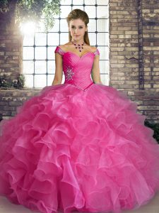 Modern Rose Pink Off The Shoulder Lace Up Beading and Ruffles Quinceanera Gown Sleeveless