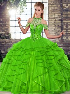 Green Sleeveless Beading and Ruffles Floor Length Sweet 16 Dresses