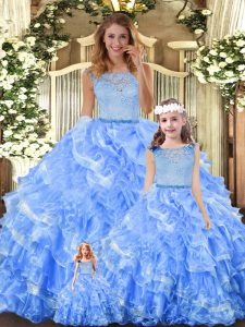 Scoop Sleeveless Sweet 16 Quinceanera Dress Floor Length Lace and Ruffled Layers Light Blue Organza