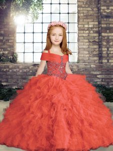 Vintage Red Tulle Lace Up Straps Sleeveless Floor Length Kids Formal Wear Beading