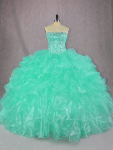 Elegant Strapless Sleeveless Lace Up Quinceanera Dresses Turquoise Organza