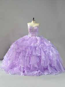 Lavender Lace Up Sweetheart Beading and Ruffles Ball Gown Prom Dress Organza Sleeveless Brush Train