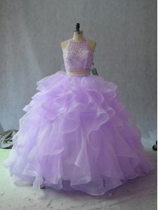 Lavender Backless 15 Quinceanera Dress Beading and Ruffles Sleeveless