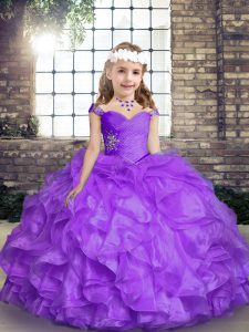 Edgy Lavender Ball Gowns Organza Straps Sleeveless Beading and Ruffles Floor Length Lace Up Custom Made Pageant Dress