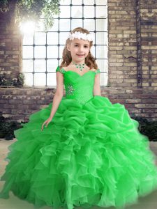 Shining Floor Length Lace Up Glitz Pageant Dress Green for Party and Wedding Party with Beading and Ruffles