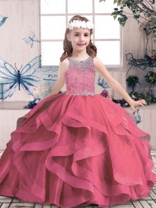 Scoop Sleeveless Lace Up Kids Formal Wear Red Tulle