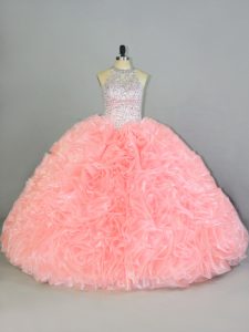 Attractive Organza Halter Top Sleeveless Lace Up Beading and Ruffles Sweet 16 Dress in Peach