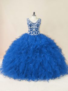 Sleeveless Tulle Backless Quinceanera Gowns in Blue with Beading and Ruffles