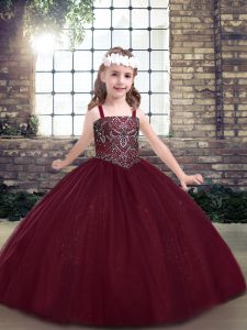 Sleeveless Floor Length Beading Lace Up Child Pageant Dress with Burgundy
