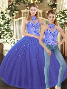 Romantic Halter Top Sleeveless Tulle 15th Birthday Dress Embroidery Lace Up